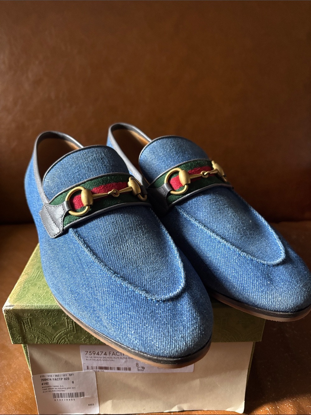 Gucci Blue Denim Men's Loafers with Gold Horsebit and Green-Red Web